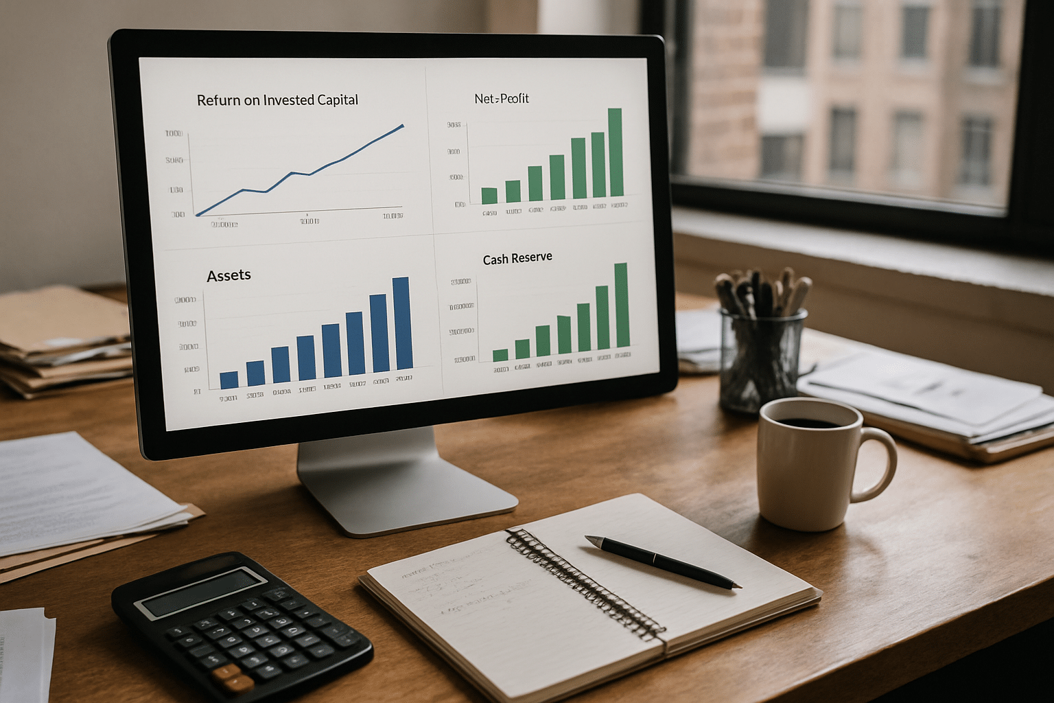 Financial dashboard showing ROIC net profit assets and cash reserve metrics