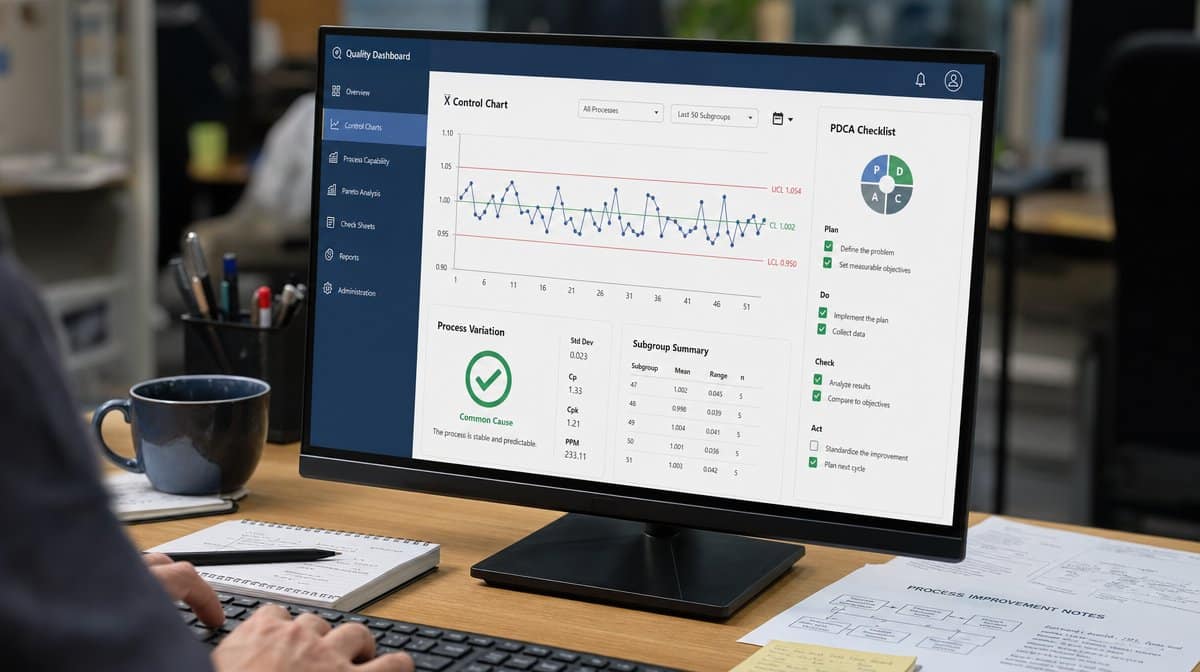 Quality dashboard showing a control chart and PDCA checklist
