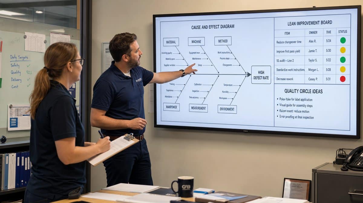 Quality team reviewing a cause and effect diagram and lean board