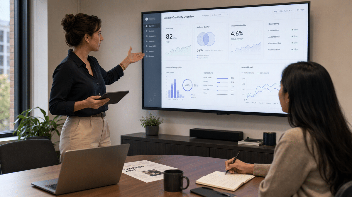 Marketing manager reviewing influencer trust and audience credibility metrics