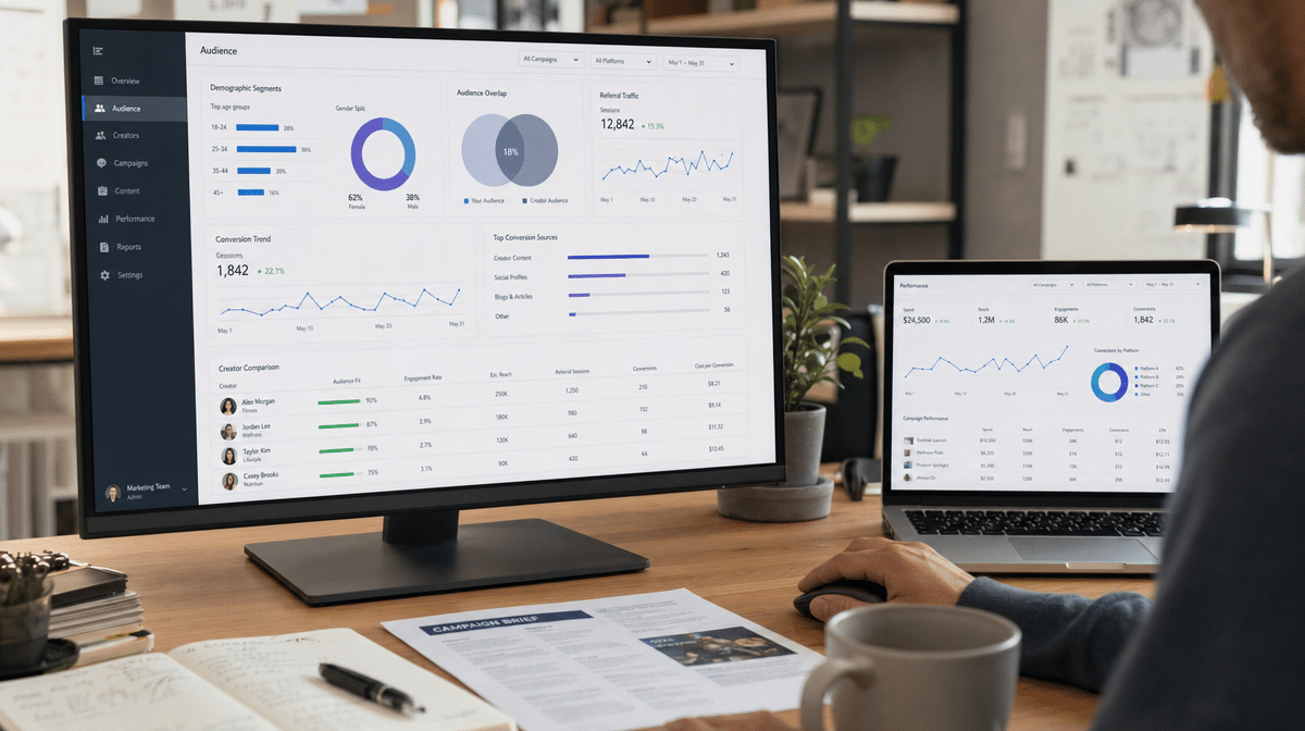 Influencer audience targeting dashboard showing demographic and traffic metrics