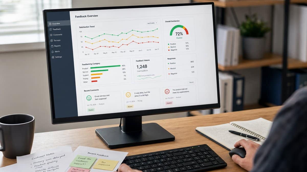Customer feedback dashboard showing satisfaction trends and comments