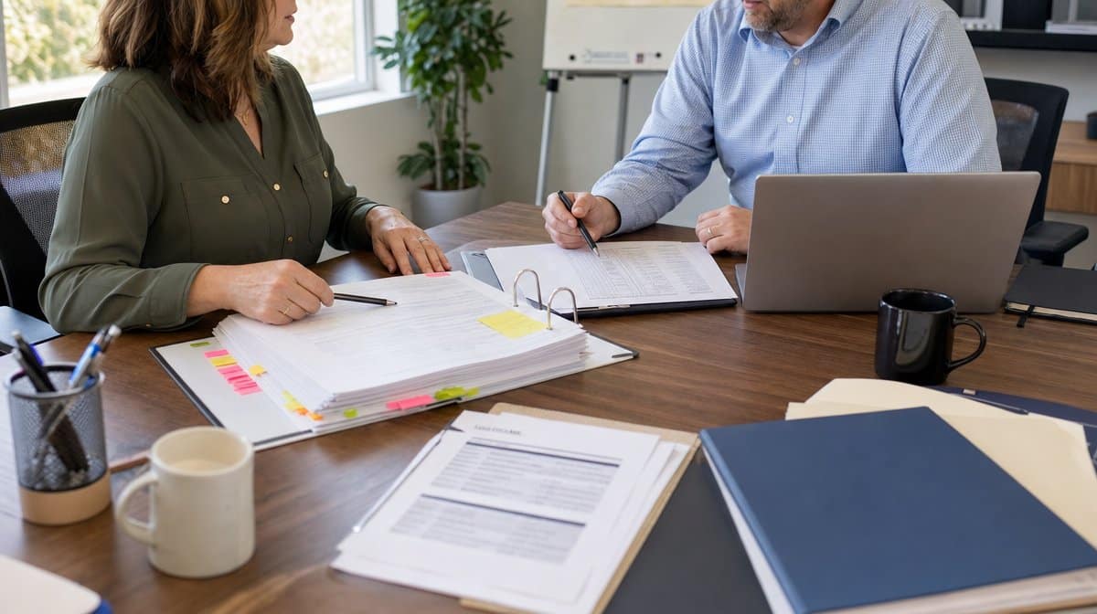 Business team reviewing policy procedure binder and customer requirements