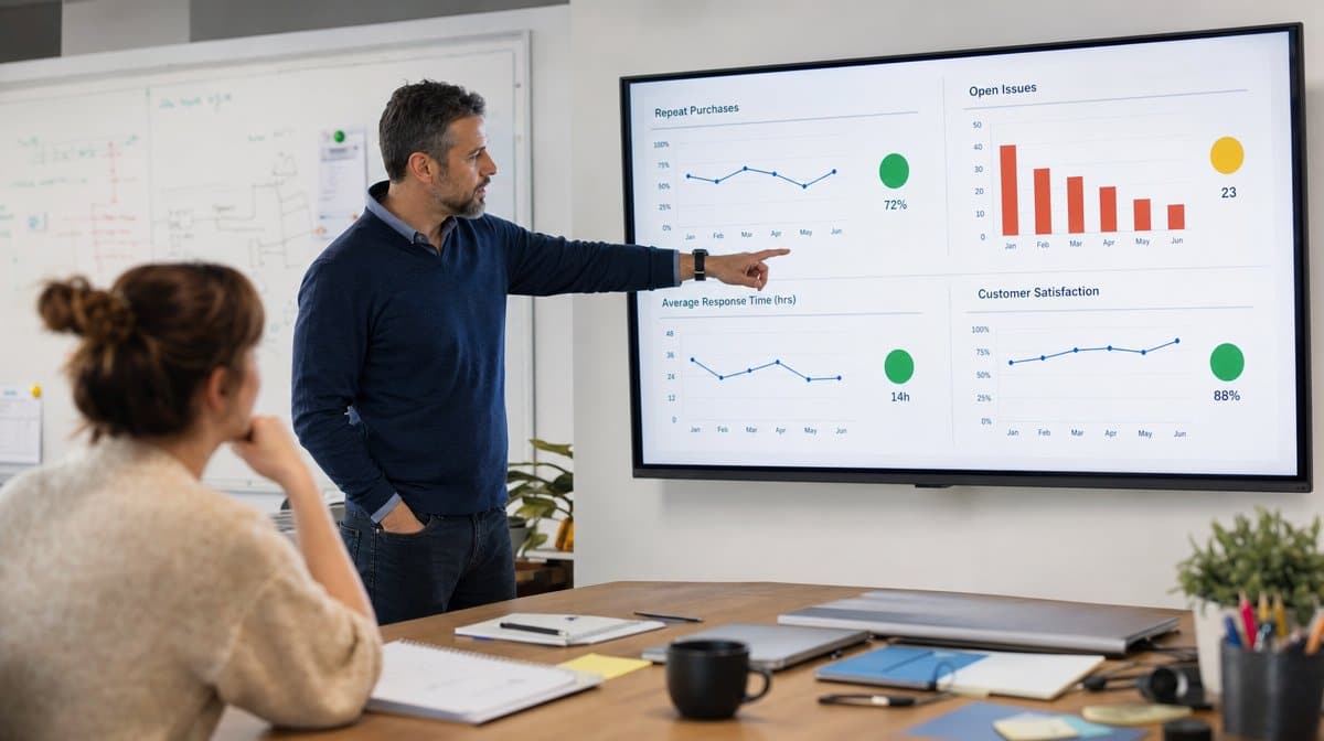 Team reviewing repeat purchase response time and satisfaction metrics