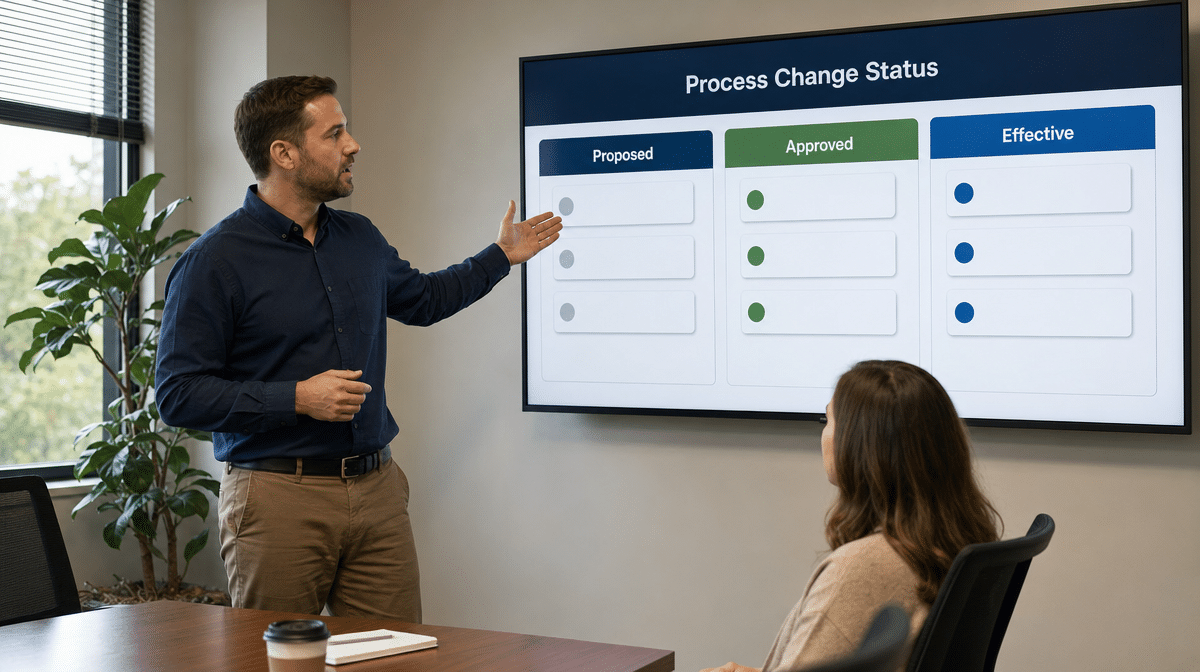 Manager explaining proposed approved and effective process changes