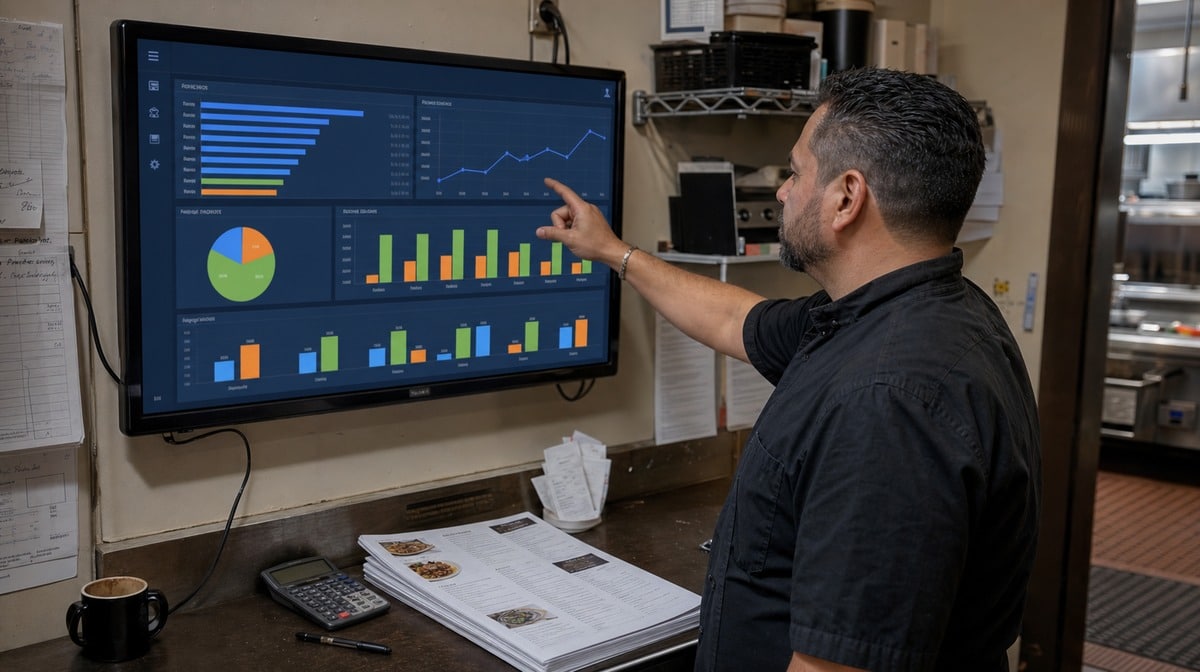 Restaurant manager reviewing menu performance and food-cost trends on a dashboard.