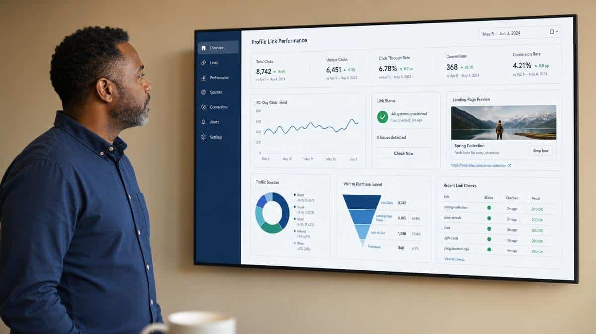 Marketing manager reviewing Instagram link clicks and landing-page status