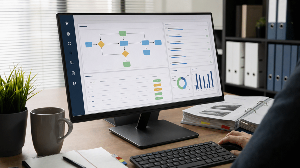 Documentation dashboard showing a process map and checklist on an office monitor