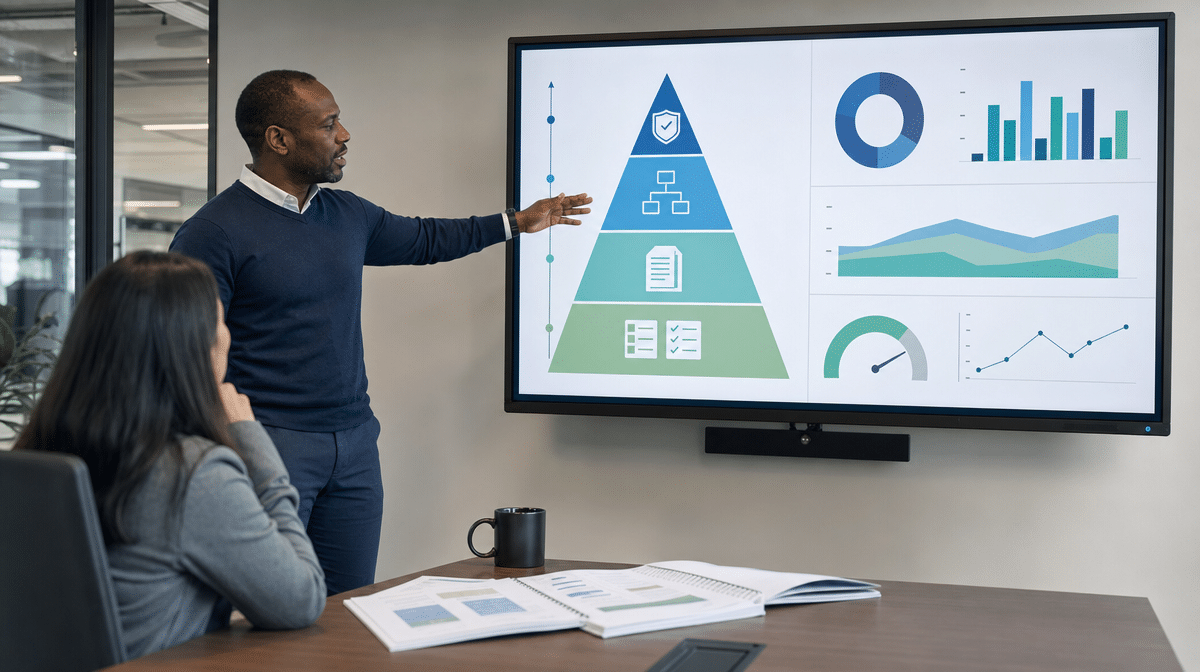 Presenter explaining documentation levels and quality metrics on a conference room display