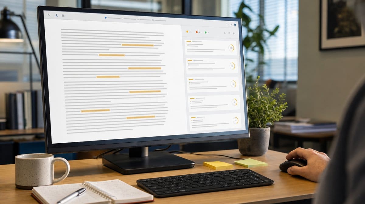 Document review screen highlighting repeated phrases in a business draft