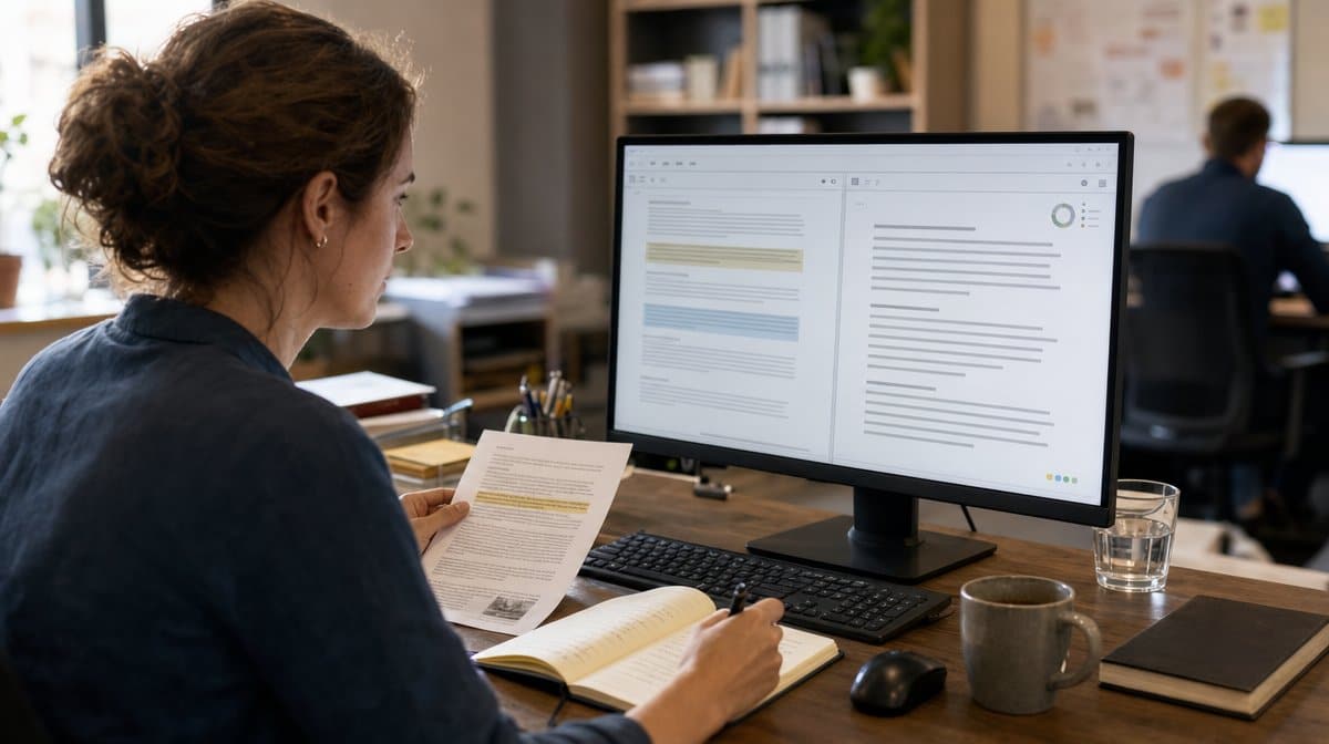 Writer comparing source notes with an original business draft