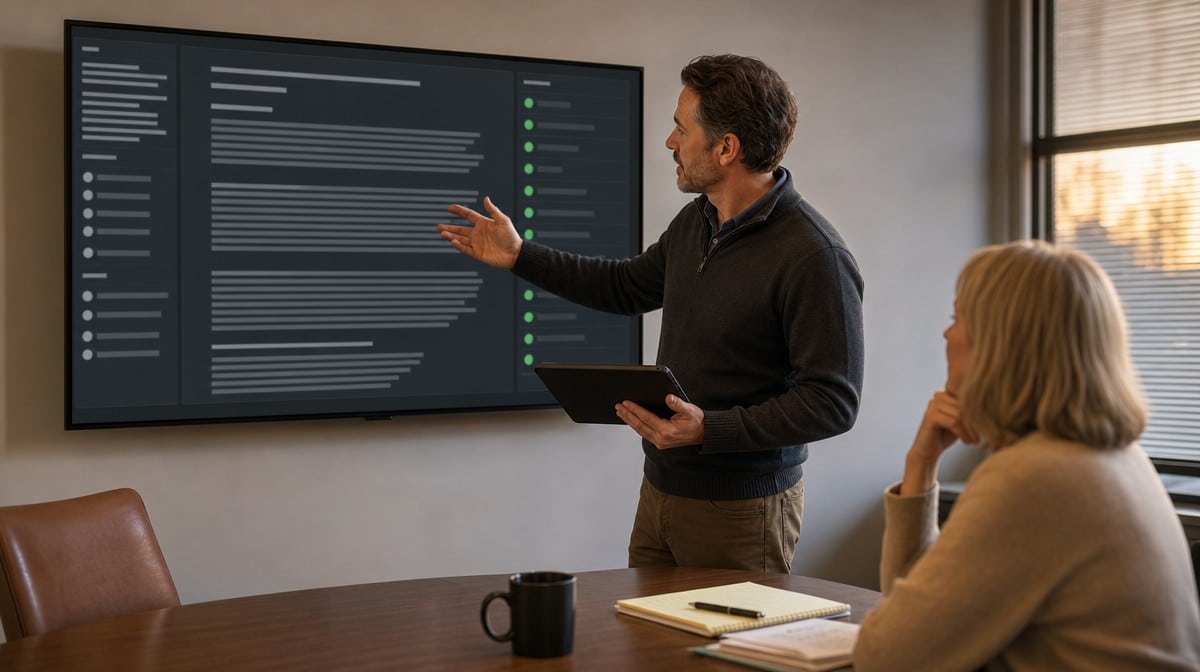 Communications manager reviewing a clear final business message