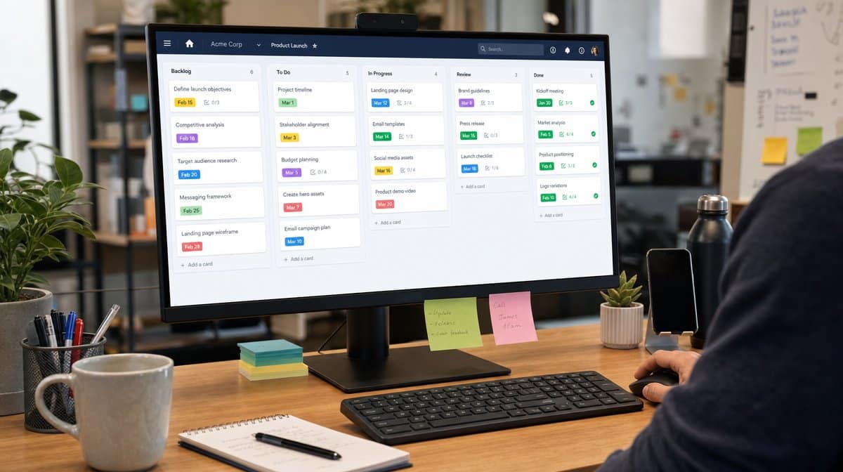 Kanban-style project board on an office monitor for visual project planning
