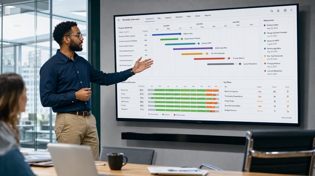 Enterprise project planning dashboard showing timelines resources and risks
