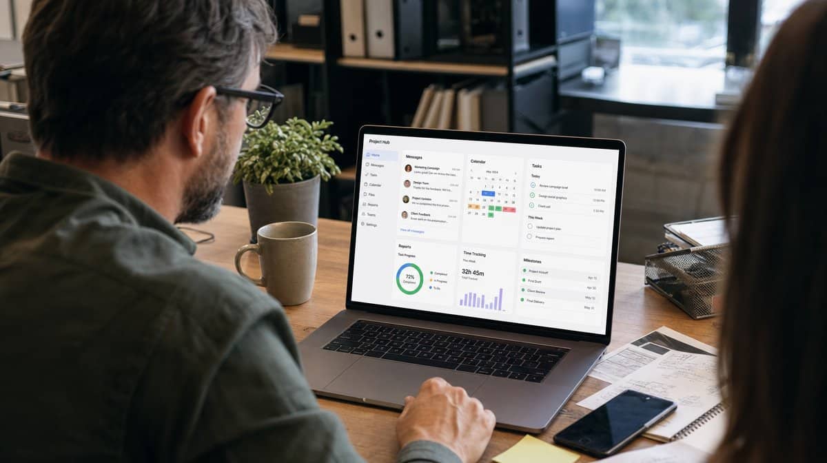 Project hub dashboard with messages calendar tasks reports and time tracking
