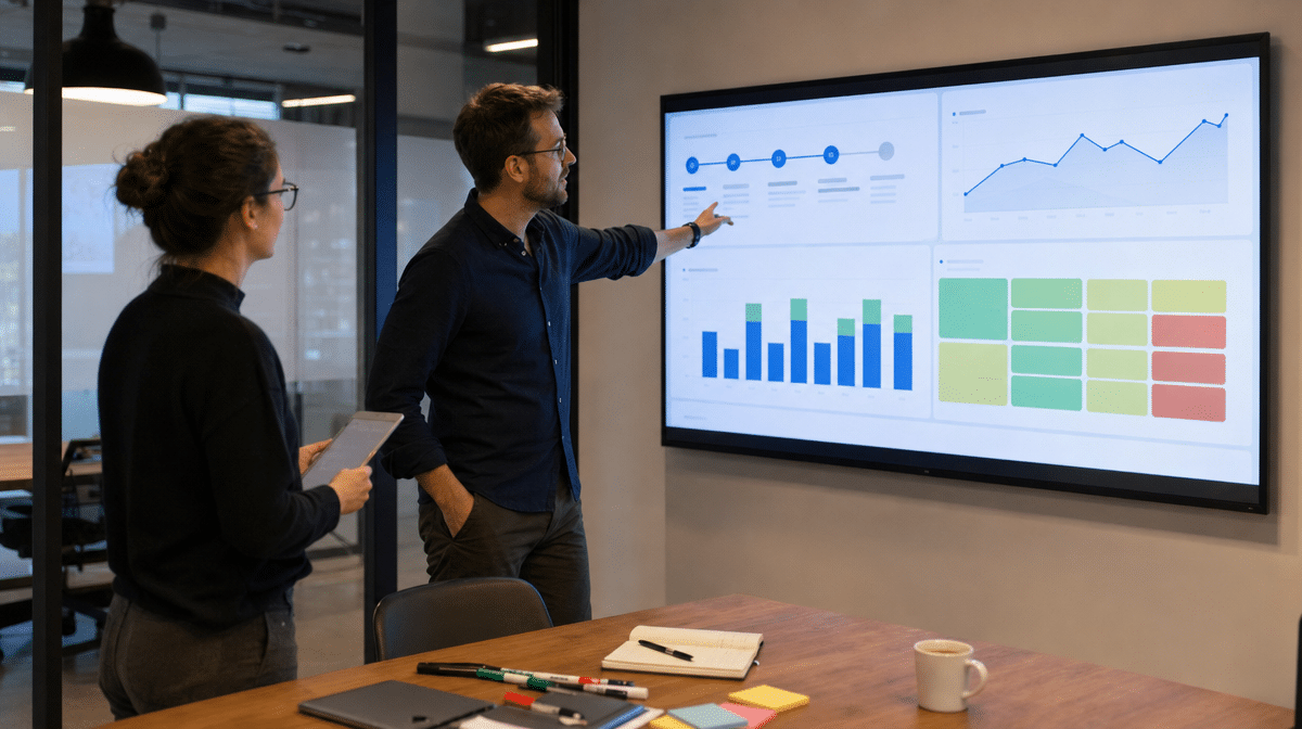 SaaS team reviewing onboarding milestones on a wall dashboard