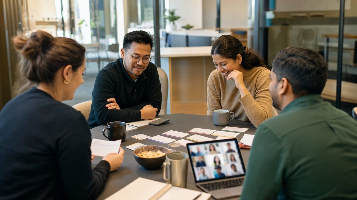 Employees playing an office trivia quiz with a remote teammate on a laptop