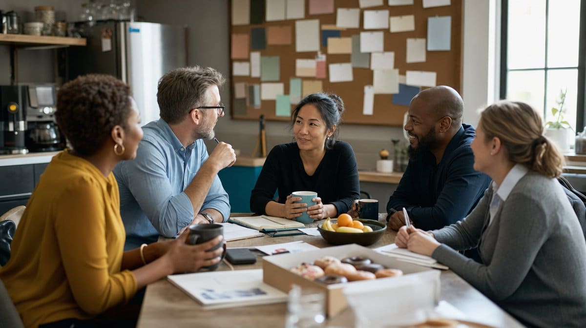 Employees sharing coffee during a morning team building huddle