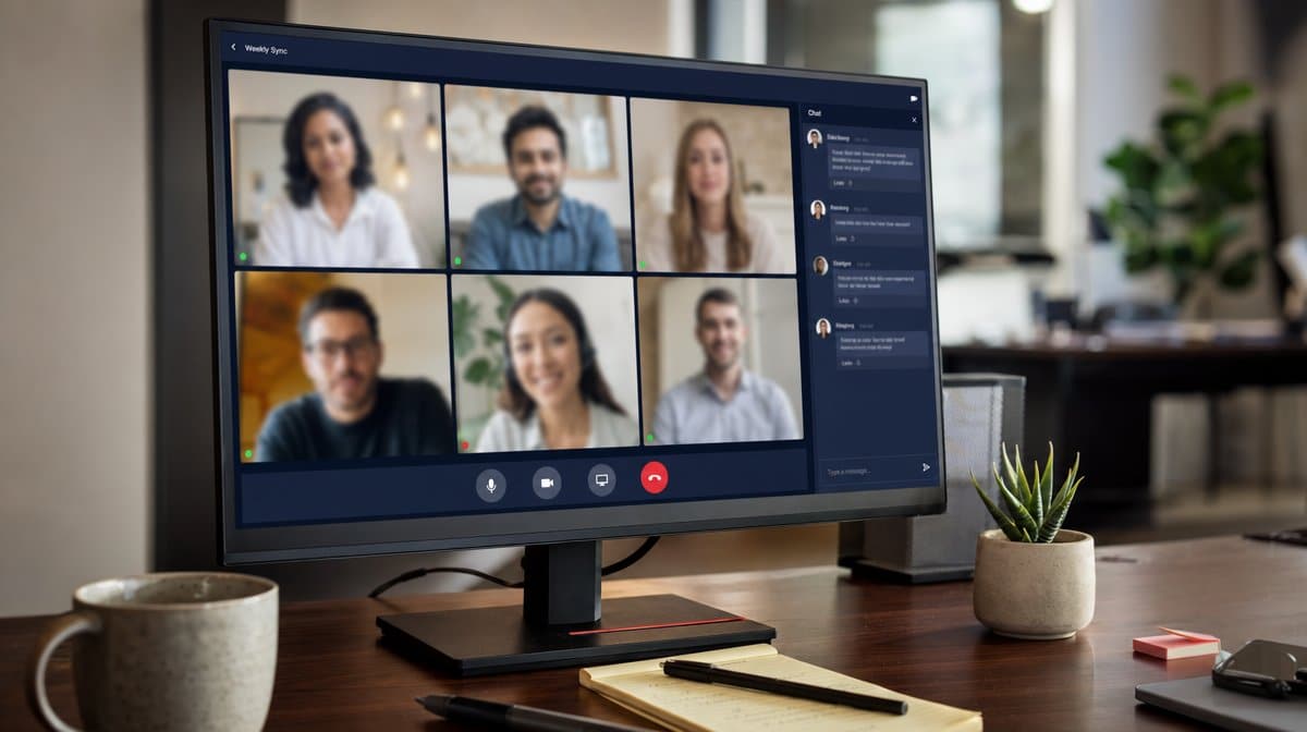 Video conferencing application on a desktop monitor showing a grid of remote meeting participants and call controls