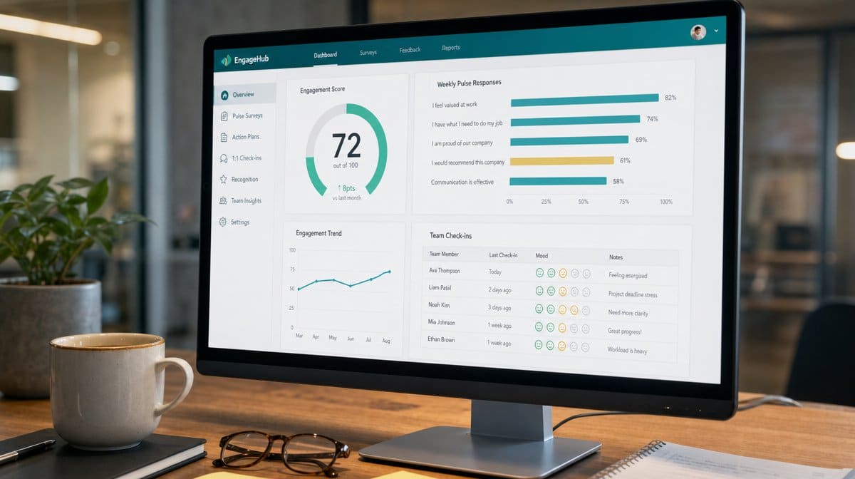 Employee engagement dashboard on a monitor showing an engagement score, pulse survey results, and team check-ins