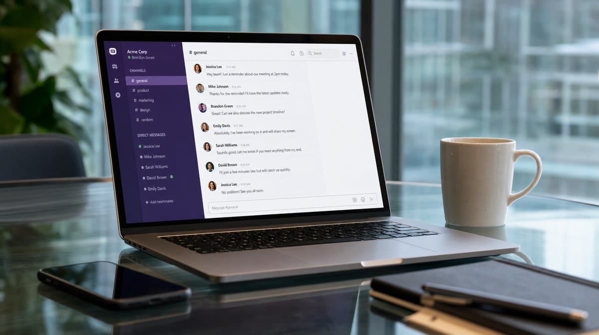 Team instant messaging application open on a laptop showing channels and a group conversation thread
