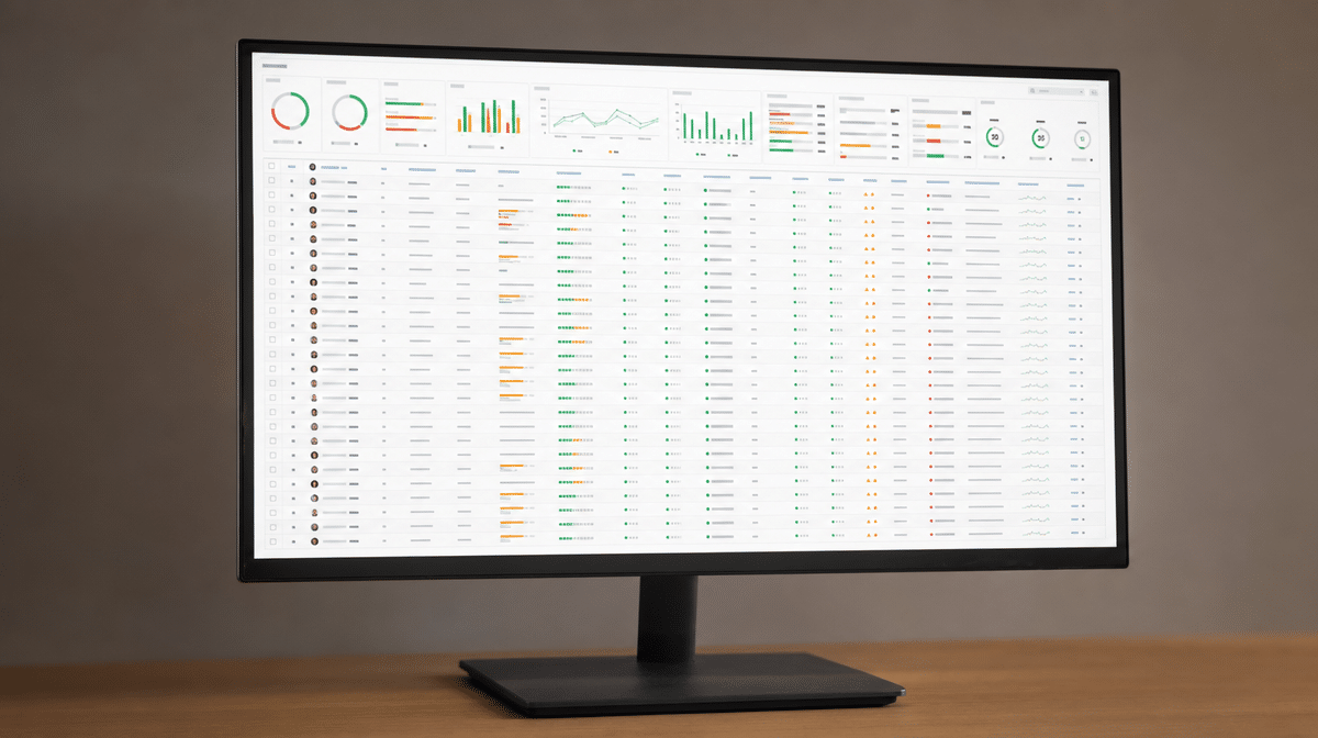 Identity and access dashboard showing user roles and multifactor authentication status on an office monitor.