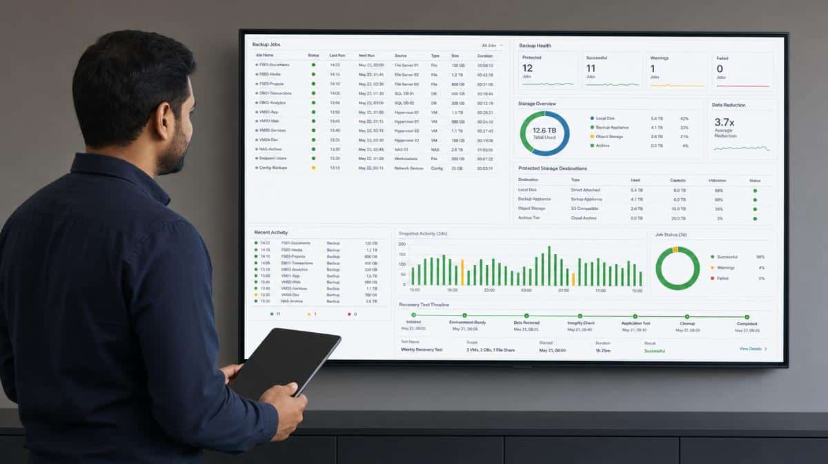 Operations manager reviewing backup health and recovery test status on a wall-mounted dashboard.
