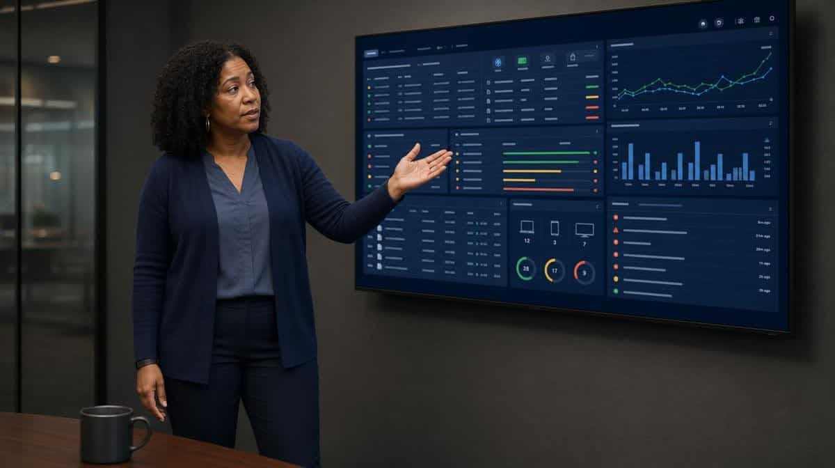 IT manager reviewing a secure collaboration dashboard with a colleague