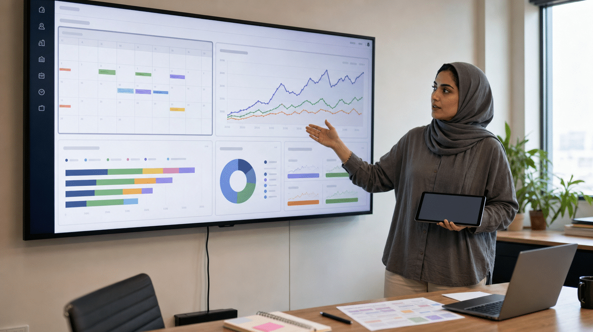Marketing manager reviewing content performance and campaign results