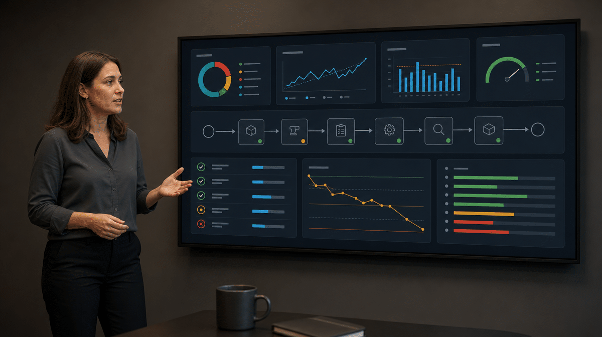 Quality manager presenting a streamlined quality management dashboard in a manufacturing meeting room.