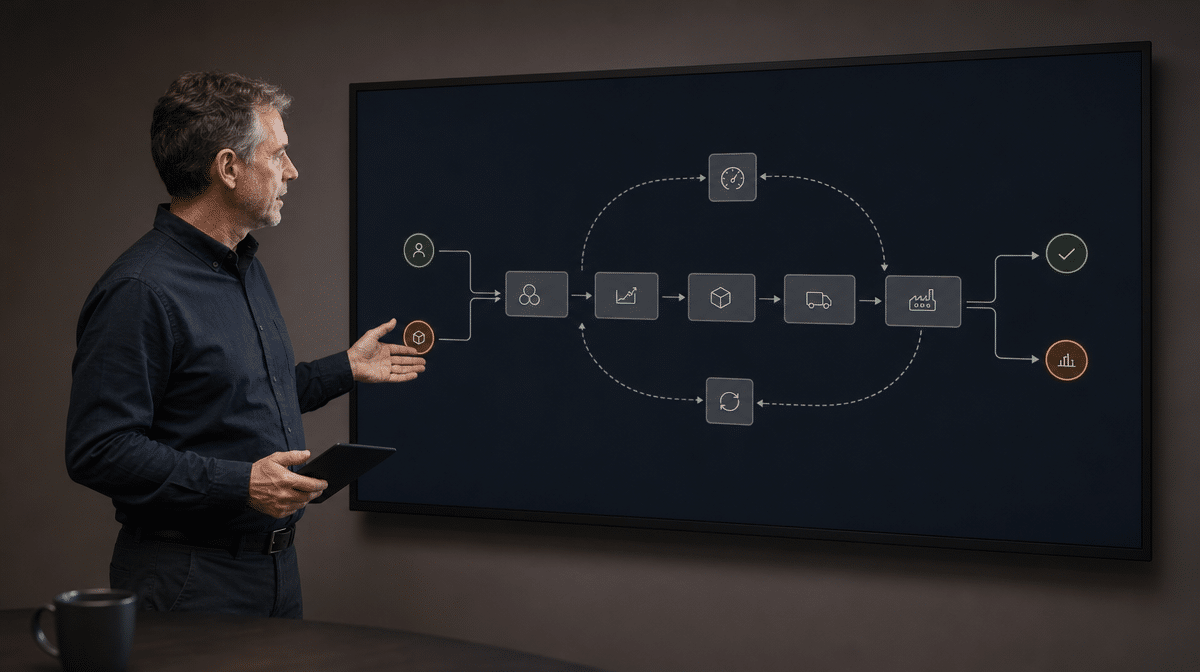 Operations manager reviewing a simple process interaction map on a factory floor display.