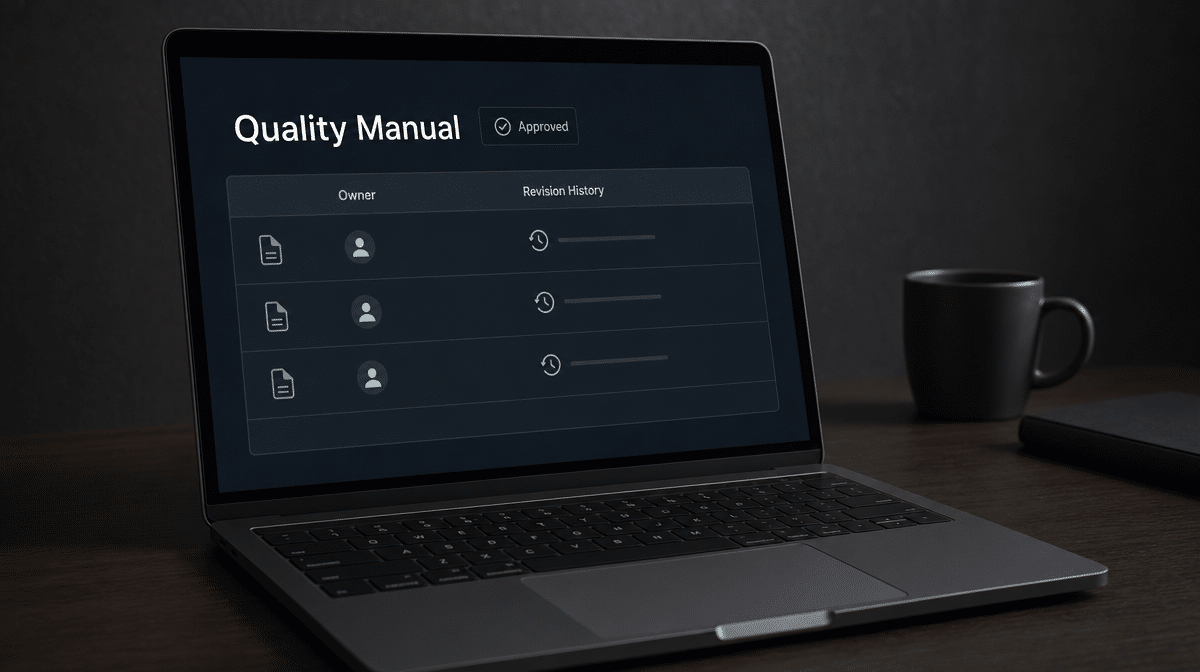 Laptop displaying an approved quality manual with revision history in a document management system.