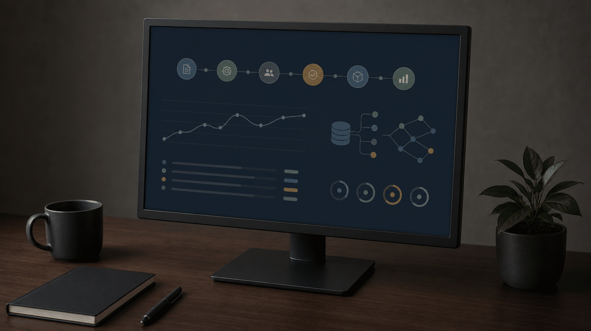 Business operations dashboard showing connected systems and workflow performance