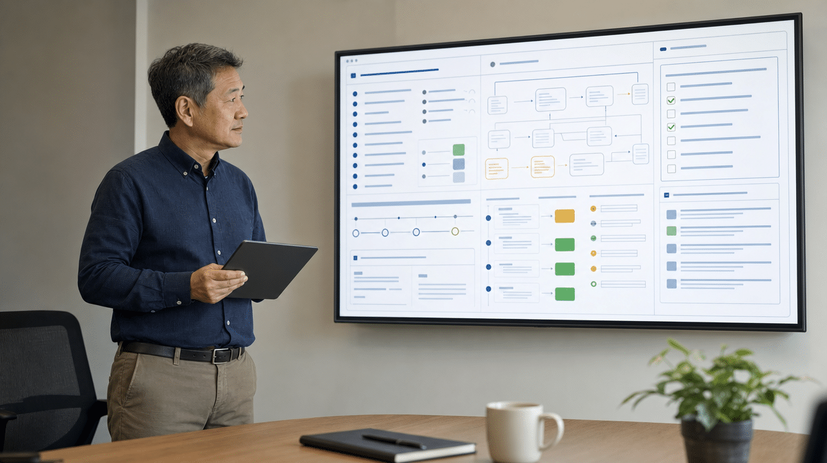 Technical writer reviewing a digital knowledge base and training checklist