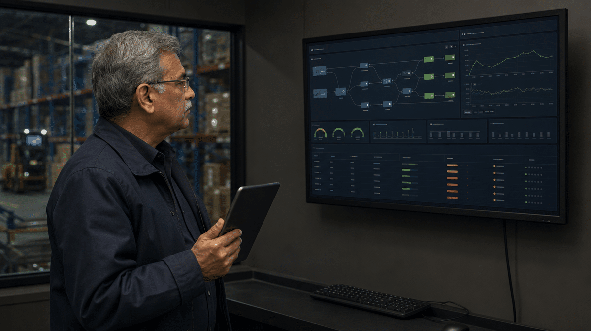 Supply chain manager reviewing inventory flow and fulfillment performance in a warehouse
