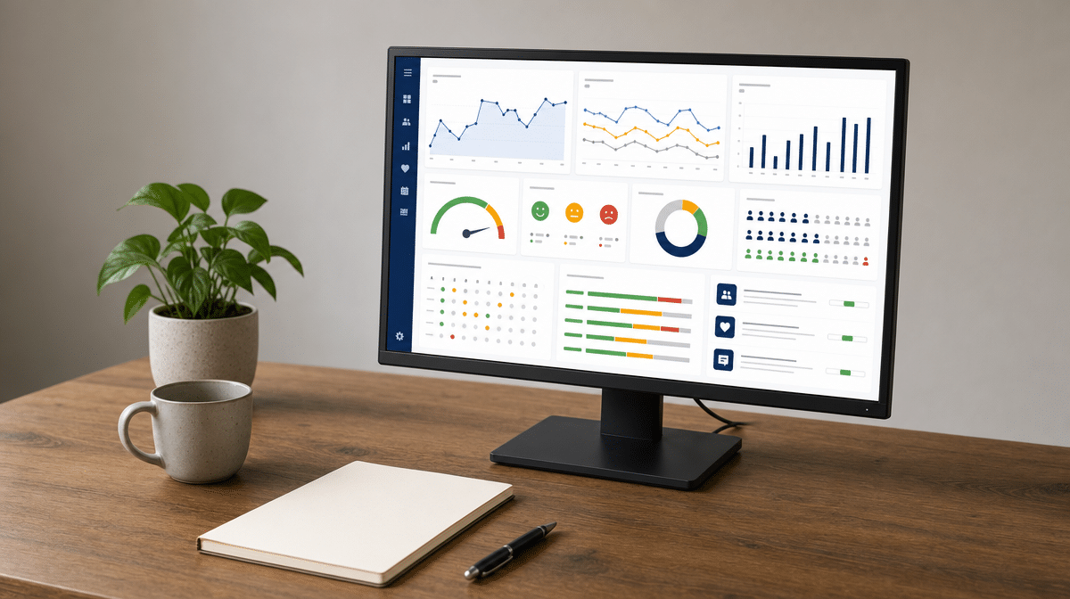 Workforce wellbeing dashboard showing workload trends, employee check-ins, and support resources
