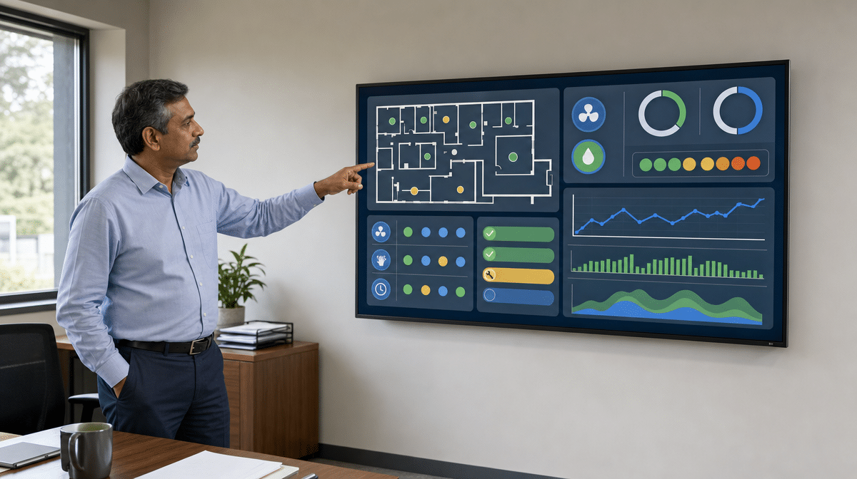 Facilities manager reviewing workplace health and safety controls on an office dashboard