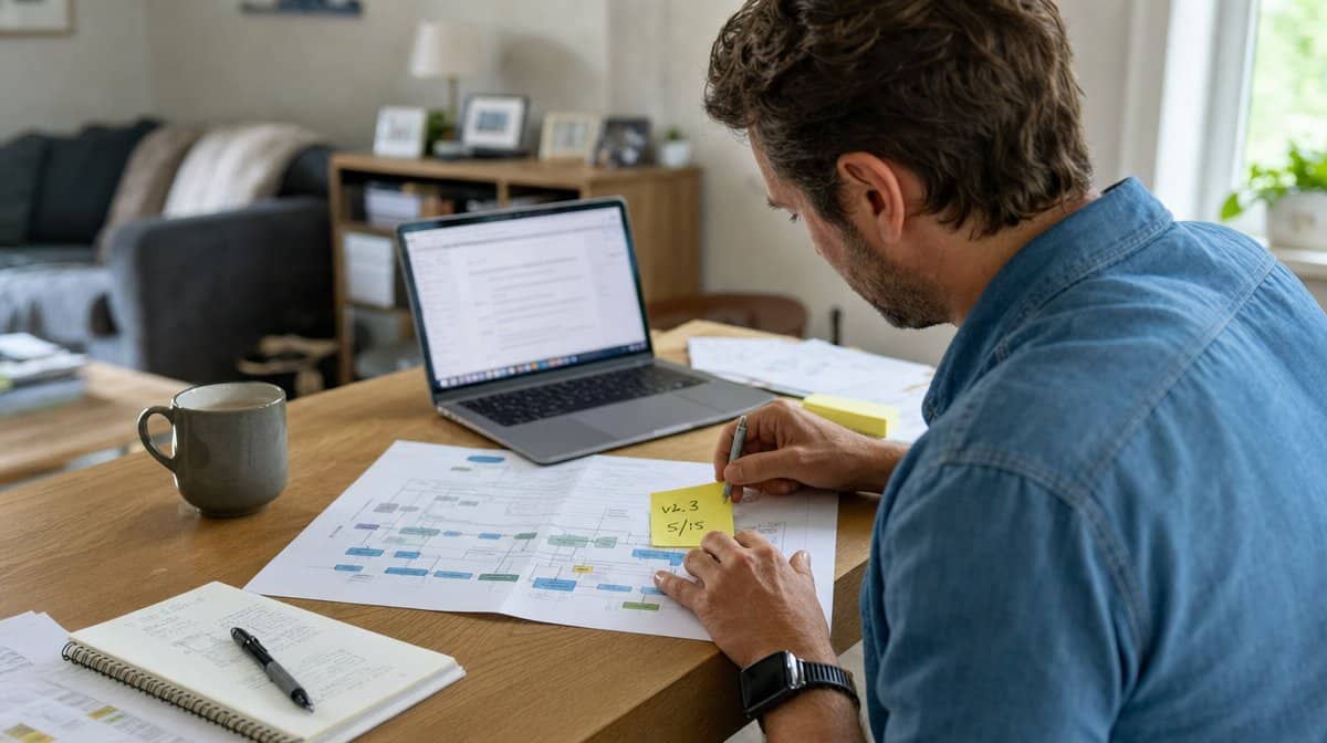 Remote employee updating a printed workflow map with version-control sticky notes at a home desk