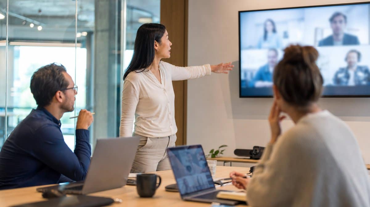 Team on a video conference as a presenter points to remote colleagues on a wall display