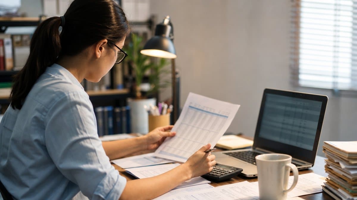 Accountant reviewing printed financial statements with a calculator and laptop at a desk