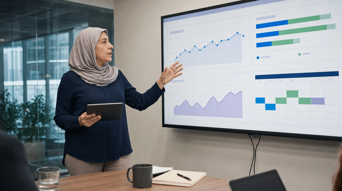 Manager reviewing a hybrid work communication dashboard