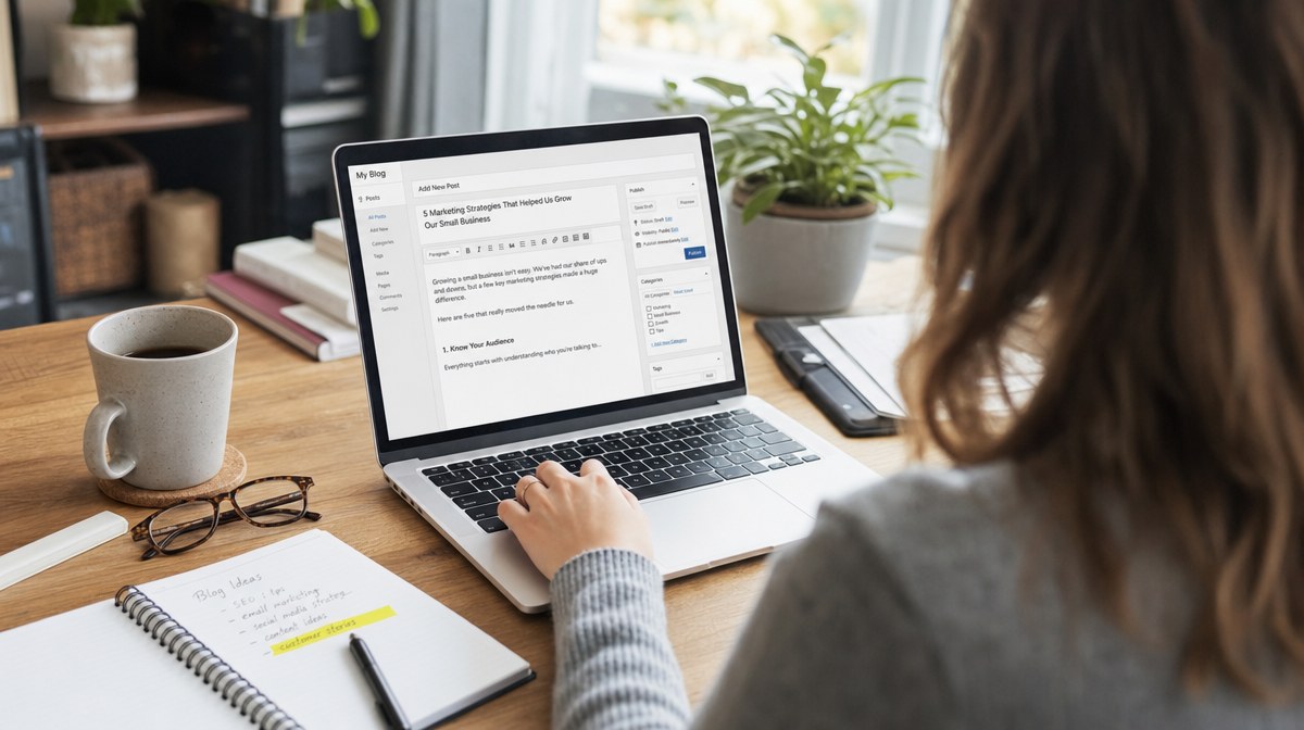 Small business marketer writing a blog post on a laptop at a home office desk
