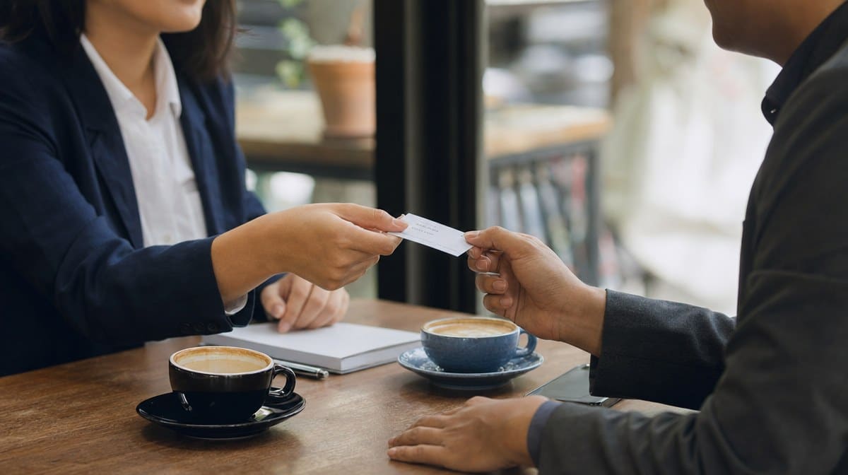 Two business professionals exchanging a printed business card over coffee