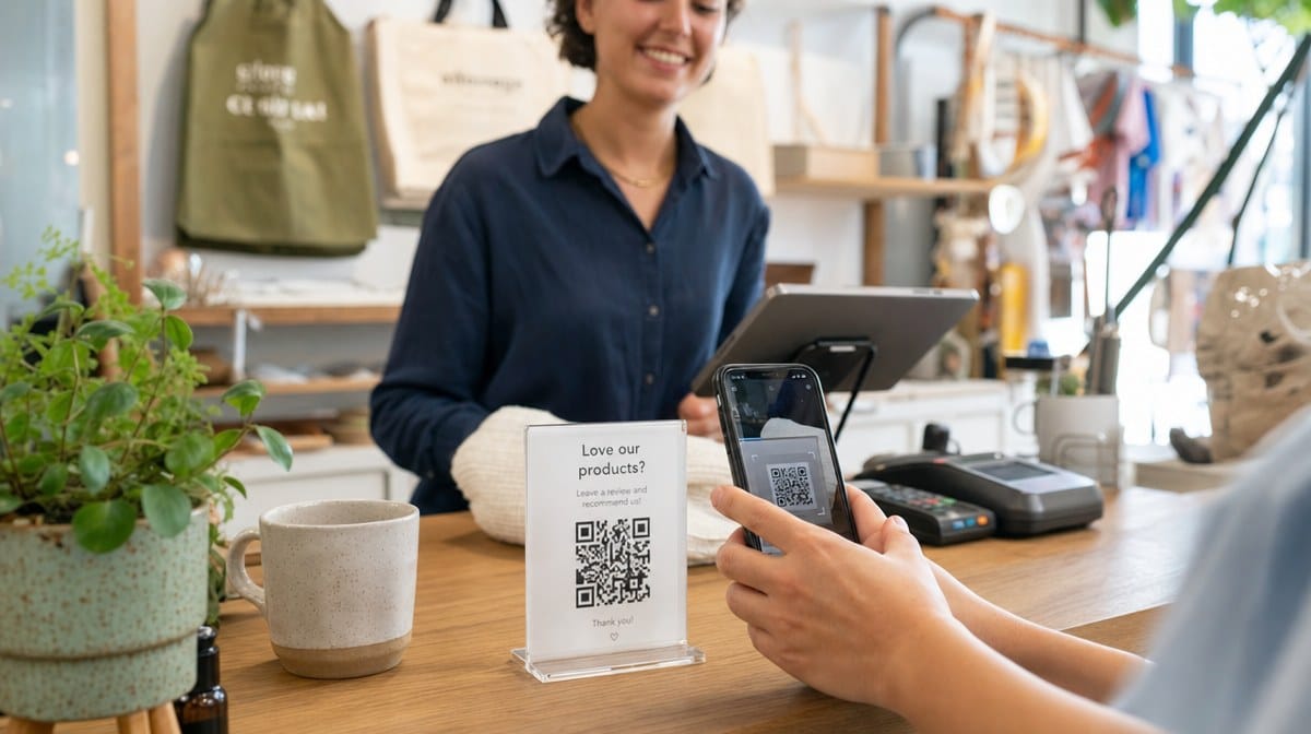 Customer scanning a QR code with a smartphone at a retail store counter