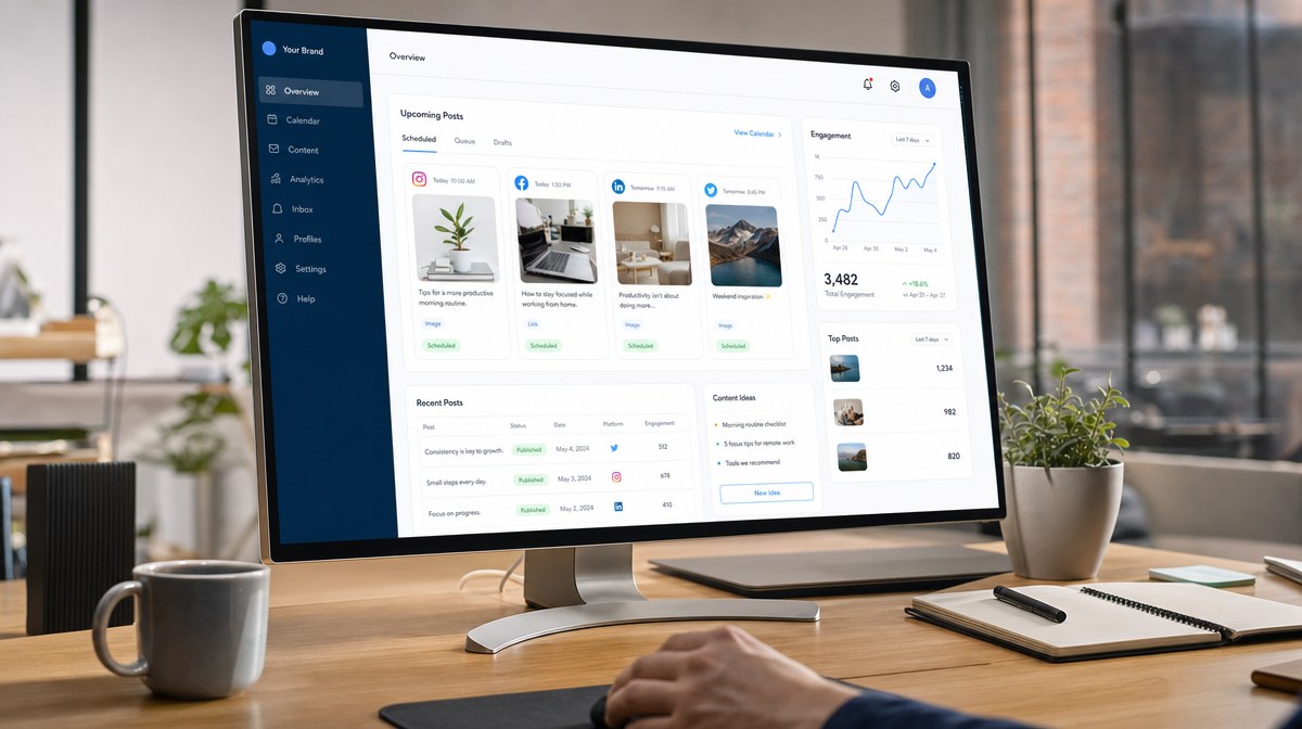 Social media management dashboard on a desktop monitor showing scheduled posts and engagement