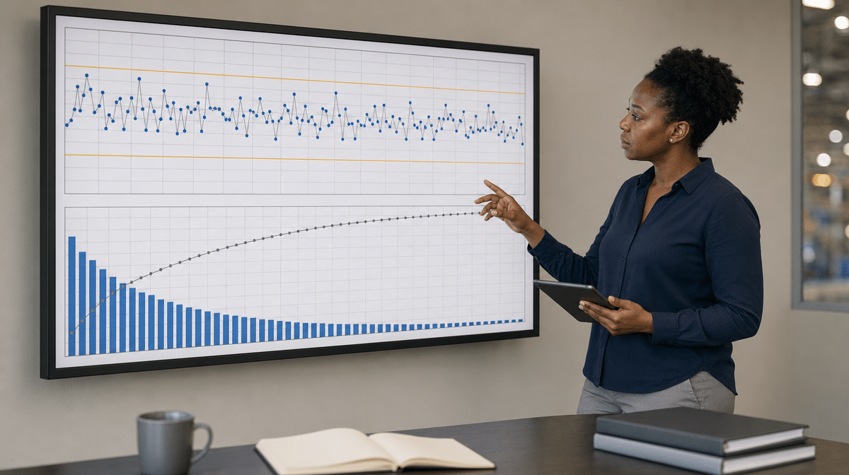 Process engineer reviewing stable common cause variation on a control dashboard
