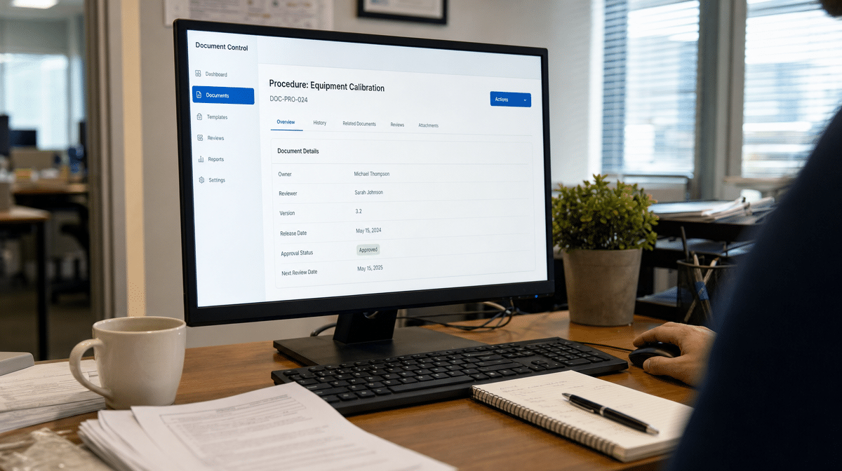 Document control dashboard showing policy owner reviewer version and release status