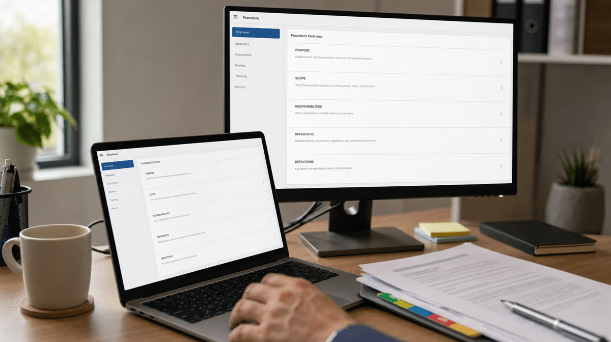 Procedure metadata template showing purpose scope responsibilities and references