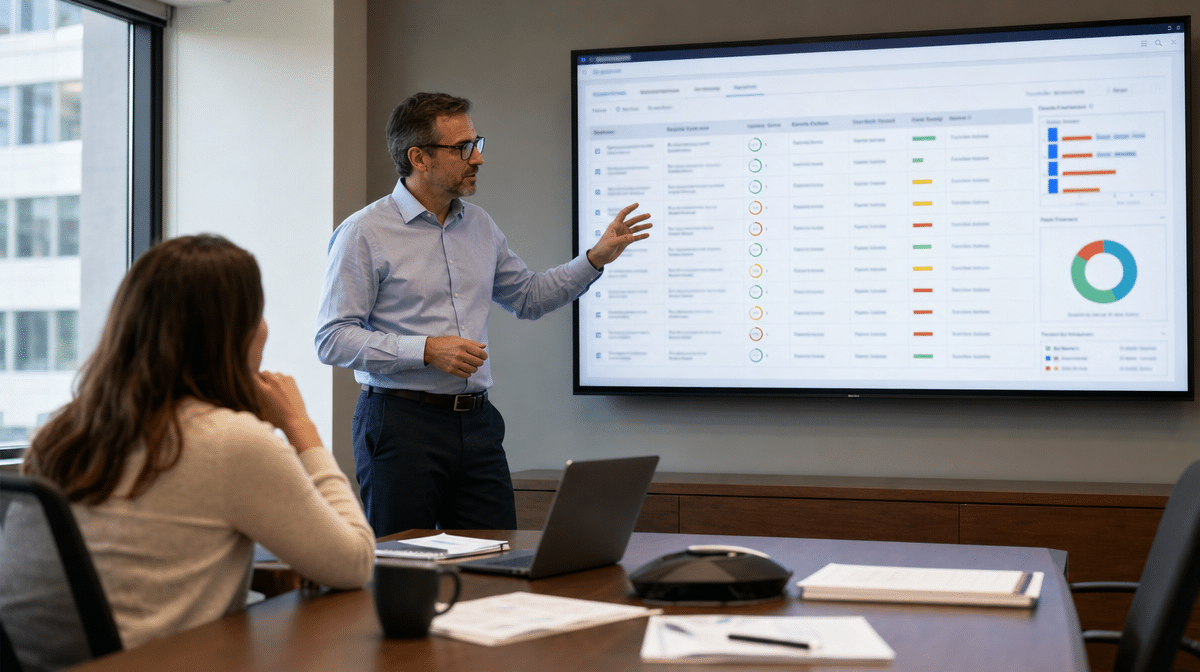 Manager reviewing procedure effectiveness criteria on a quality checklist dashboard