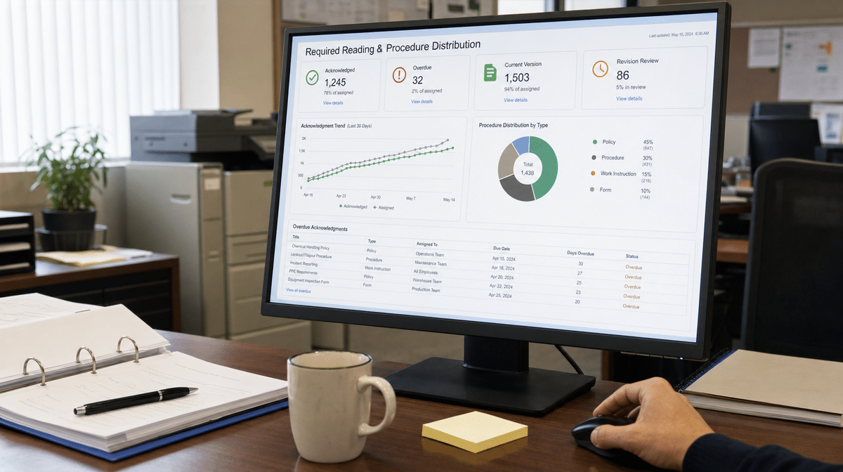 Procedure distribution dashboard tracking acknowledgments overdue reviews and compliance metrics